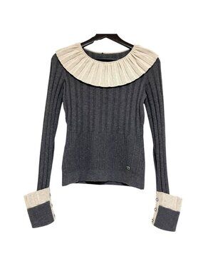 Chanel Frill Color Long Sleeve Wool Wide Rib Knit Gray Beige Sweater